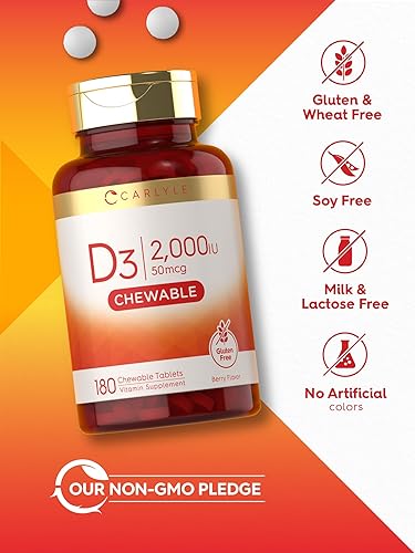 Miniatura 5 de Carlyle Tabletas masticables de vitamina D3 de 2000 UI (50 mcg) | 180 unidades | Sabor a bayas | Vegetariano, sin OMG y sin gluten