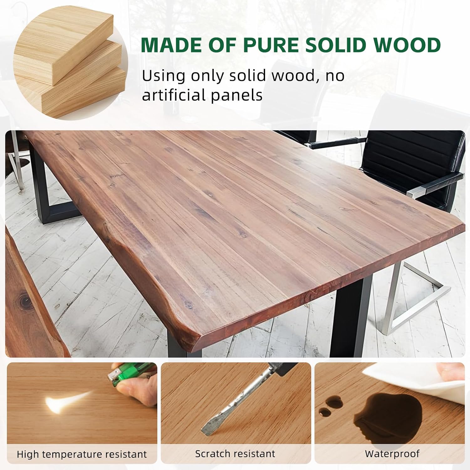 Farmhouse Dining Table, 2” Solid Wood Top with Sturdy Metal Legs, Rectangular Kitchen Table for 6–10 People, Modern Rustic Dining Room Furniture