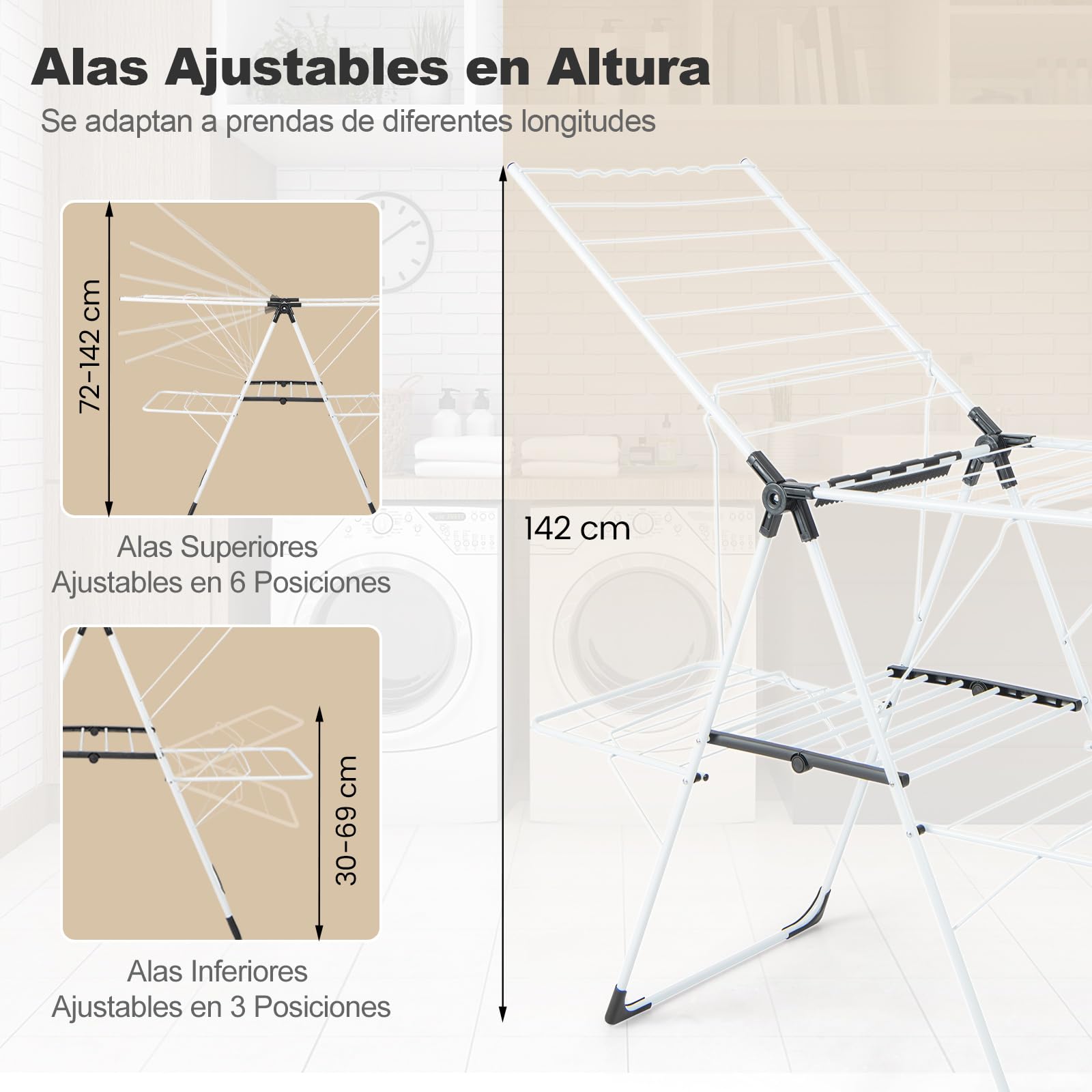 COSTWAY Tendedero de Ropa Plegable de 2 Niveles, Tendedero con Alas Ajustables en Altura, 33 Rieles de Secado y Clips para Calcetines, Soporte para Ropa Independiente para Uso Interior y Exterior