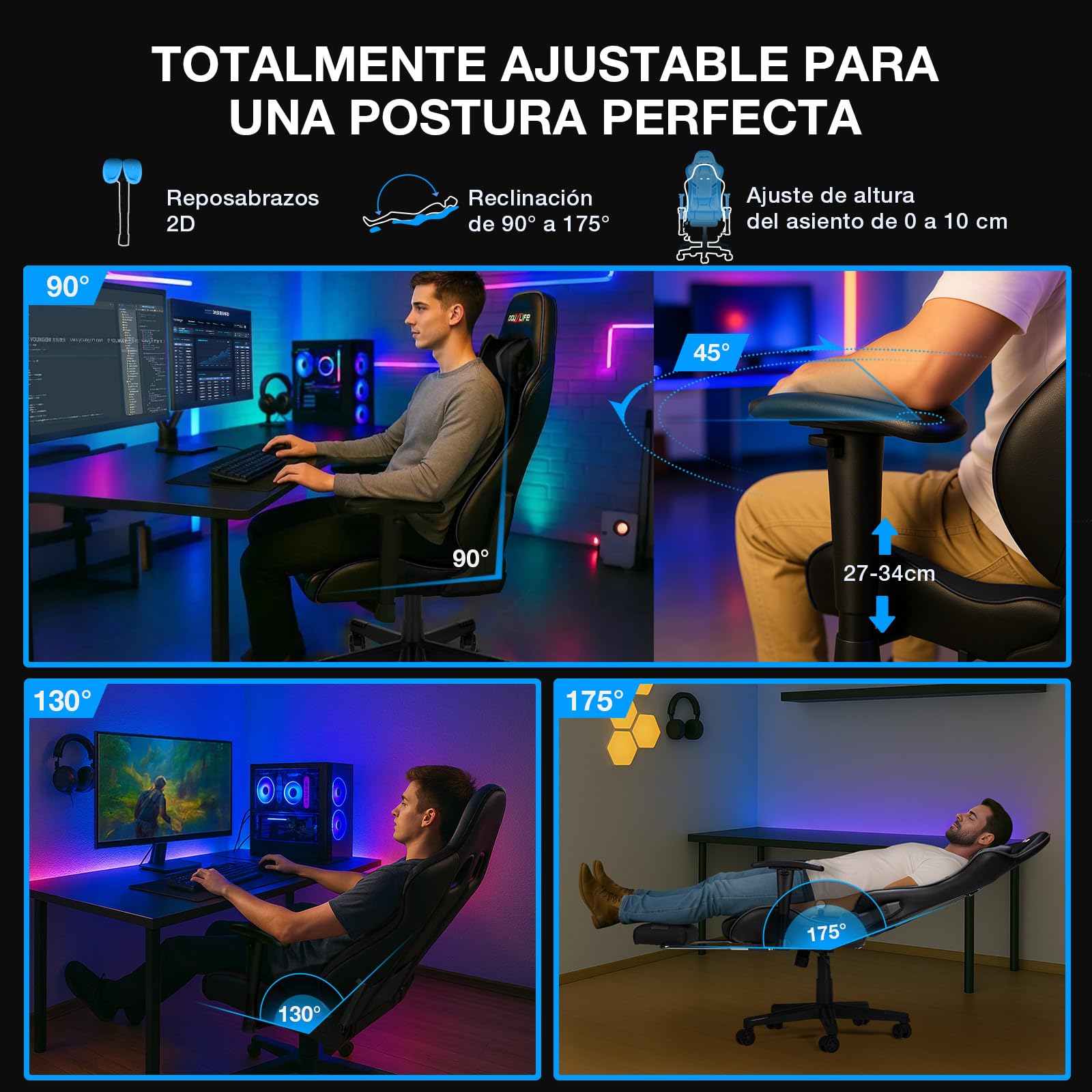 Douxlife Silla Gaming con Masaje de 7 Puntos, Silla de Oficina Ergonómica, Respaldo Ajustable 90-175°, Pasamanos 2D Ajustables, Capacidad de Carga 150-180 Kg, Negro Oscuro