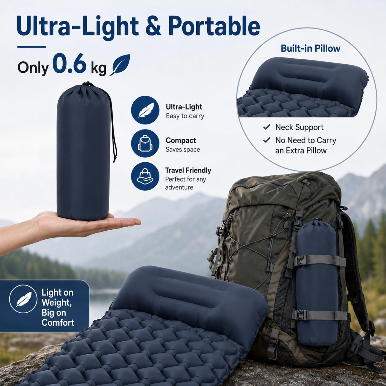 CIYIN Materassino Campeggio, Materassino Autogonfiante, Materasso Gonfiabile Singolo, con Pompa a Pedale, Ultraleggero e Pieghevole, per Escursionismo, Trekking, Tenda, Campeggio (Blu navy)