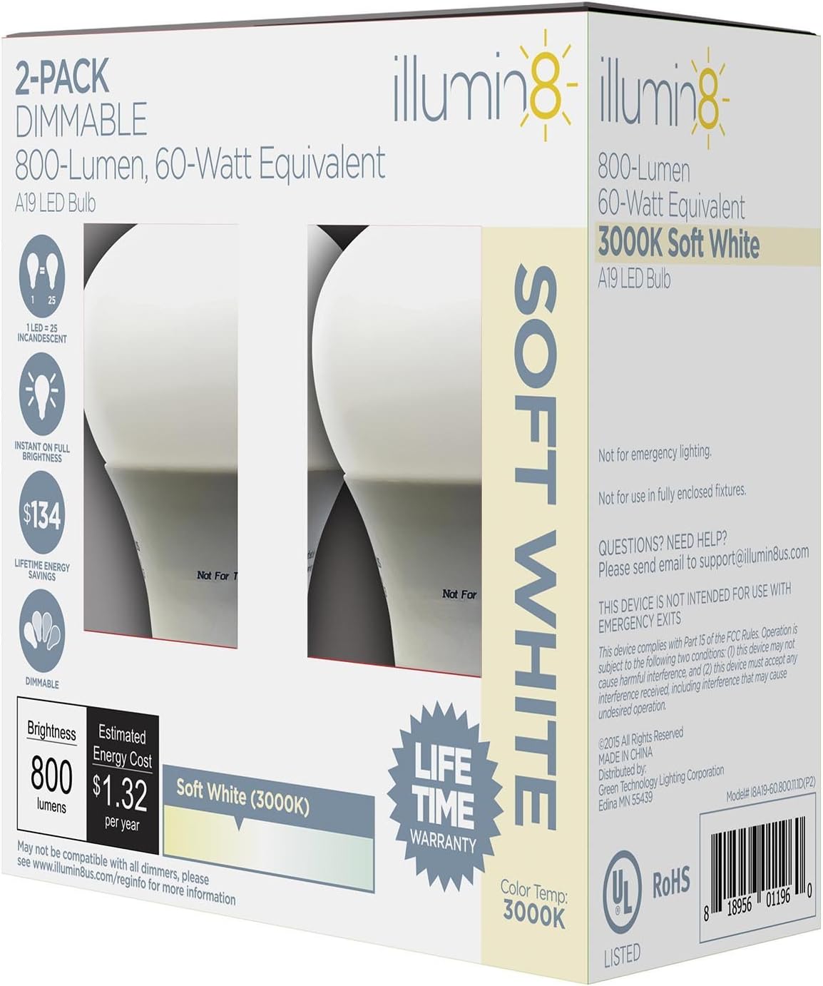 Bundle of Four Illumin8 A19 LED Light Bulb, Dimmable, 11 watt, 3000K (60w Equiv) 2 Packs - I8A19-60.800.11.1D(2PK) - 8 Bulbs Total
