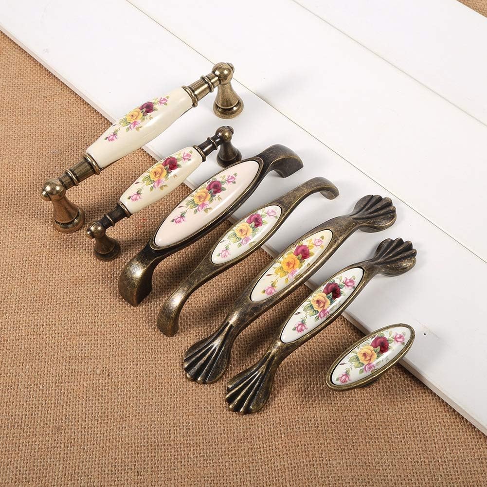 Ceramic Drawer Pulls, Vintage Flower Pattern Cabinet Handles with Antique Bronze Finish, 8 Sizes Alloy Hardware for Kitchen Bathroom Cabinet Doors