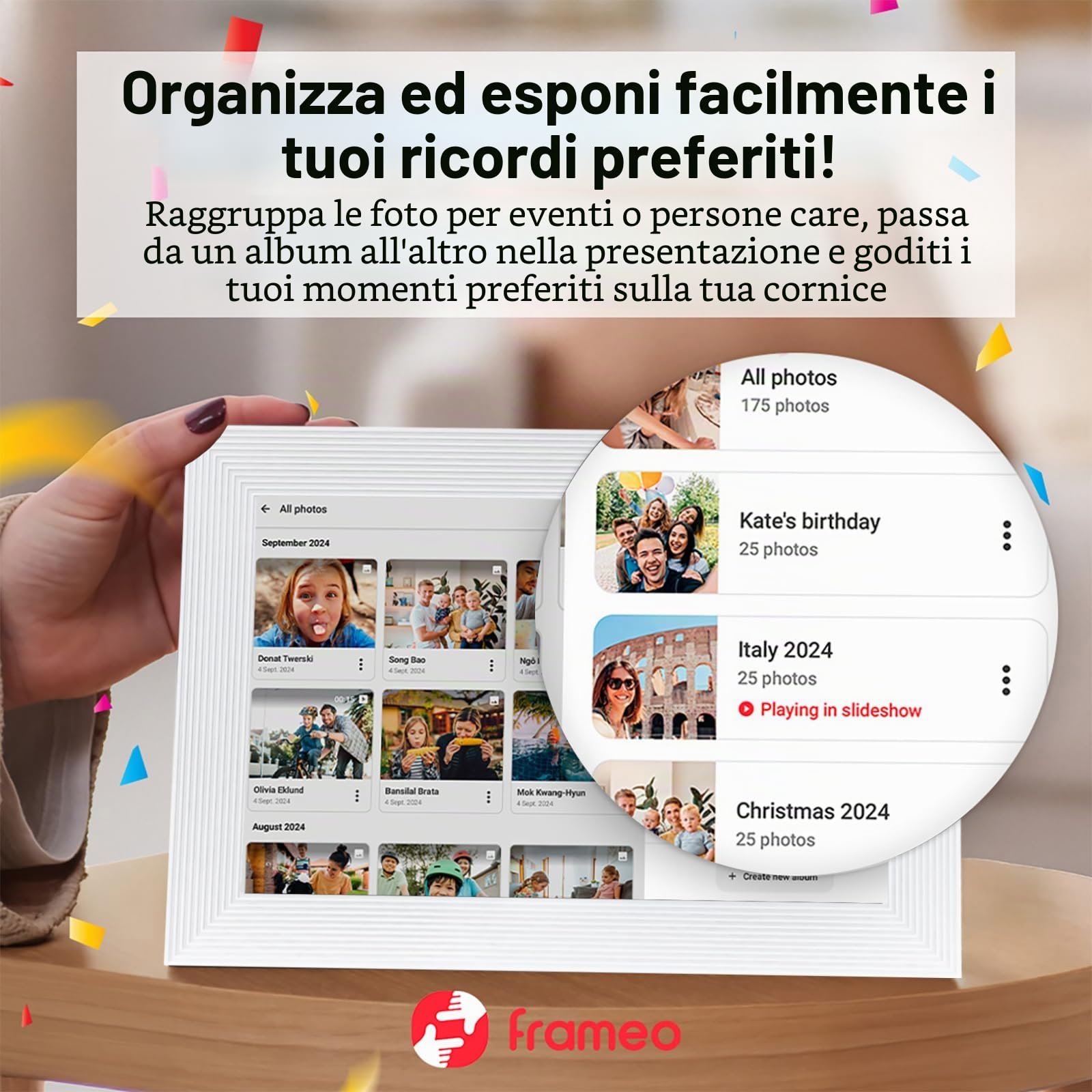 Frameo - Cornice per foto digitale WiFi da 10,1 pollici, con memoria da 32 GB e slot SD, cornice elettronica IPS touch screen con rotazione automatica, regalo per mamma, riscaldamento della casa