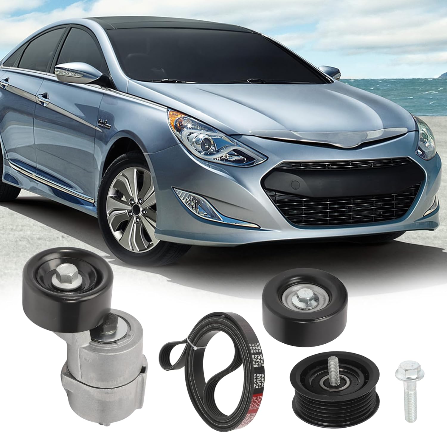 Tensioner & Serpentine V-Ribbed Belt & Idler Pulley Kit for 2.0L 2.4L Sonata Tucson Optima Hybrid Sorento for Sportage Turbo 252122G760 2528125000 2528825001