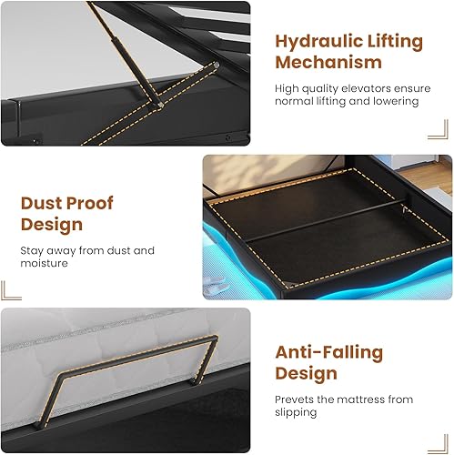 Miniatura 7 de ADORNEVE Base de cama Queen con almacenamiento elevable, estación de carga tipo C y cabecera de almacenamiento oculta, cama de plataforma tapizada