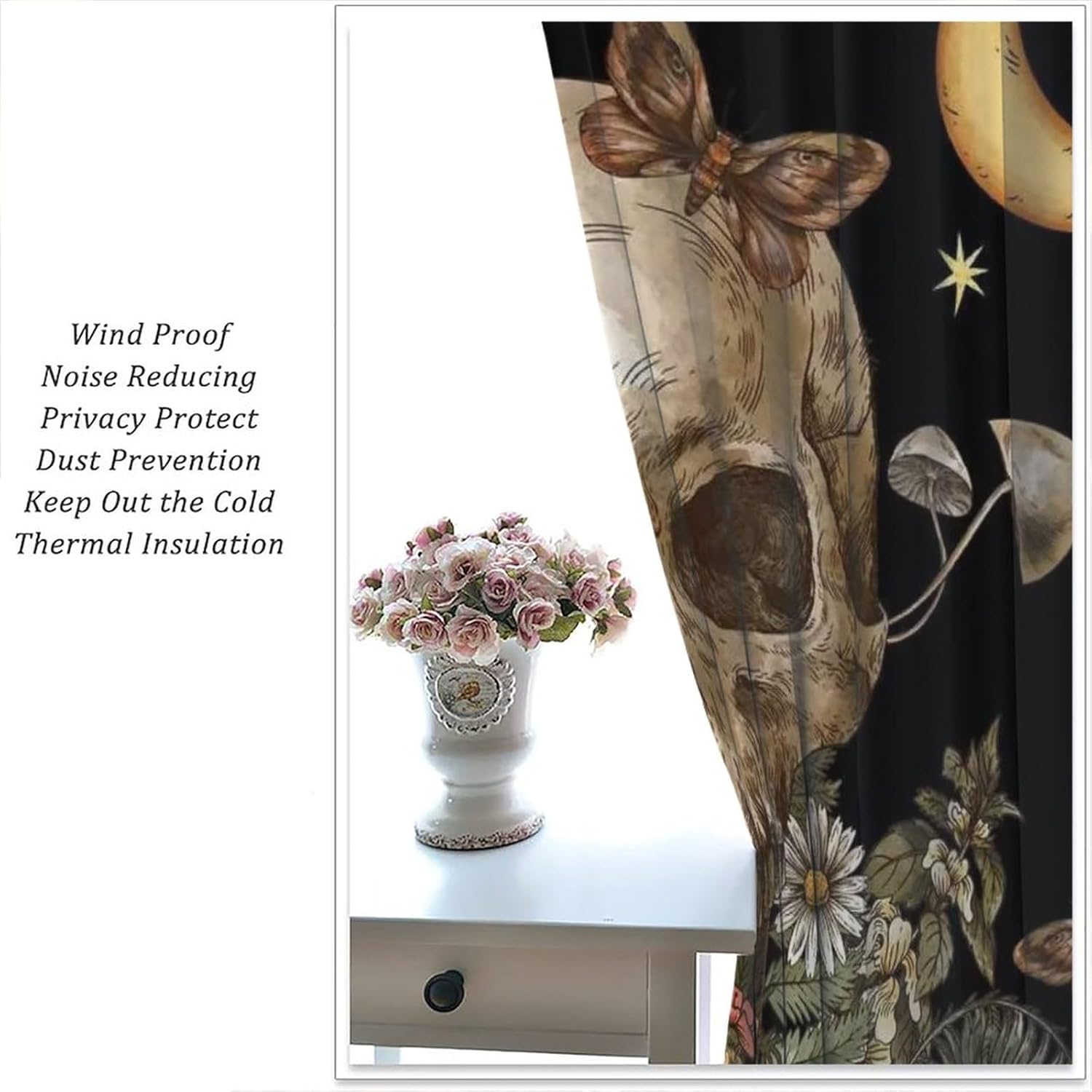 Vintage Gothic Skull Rod Pocket Curtains for Bedroom - Abstract Halloween Sun Moon Galaxy Eucalyptus Mushroom Window Drapes, Energy Saving Blackout Curtains 2 Panels 54" L x 21" W