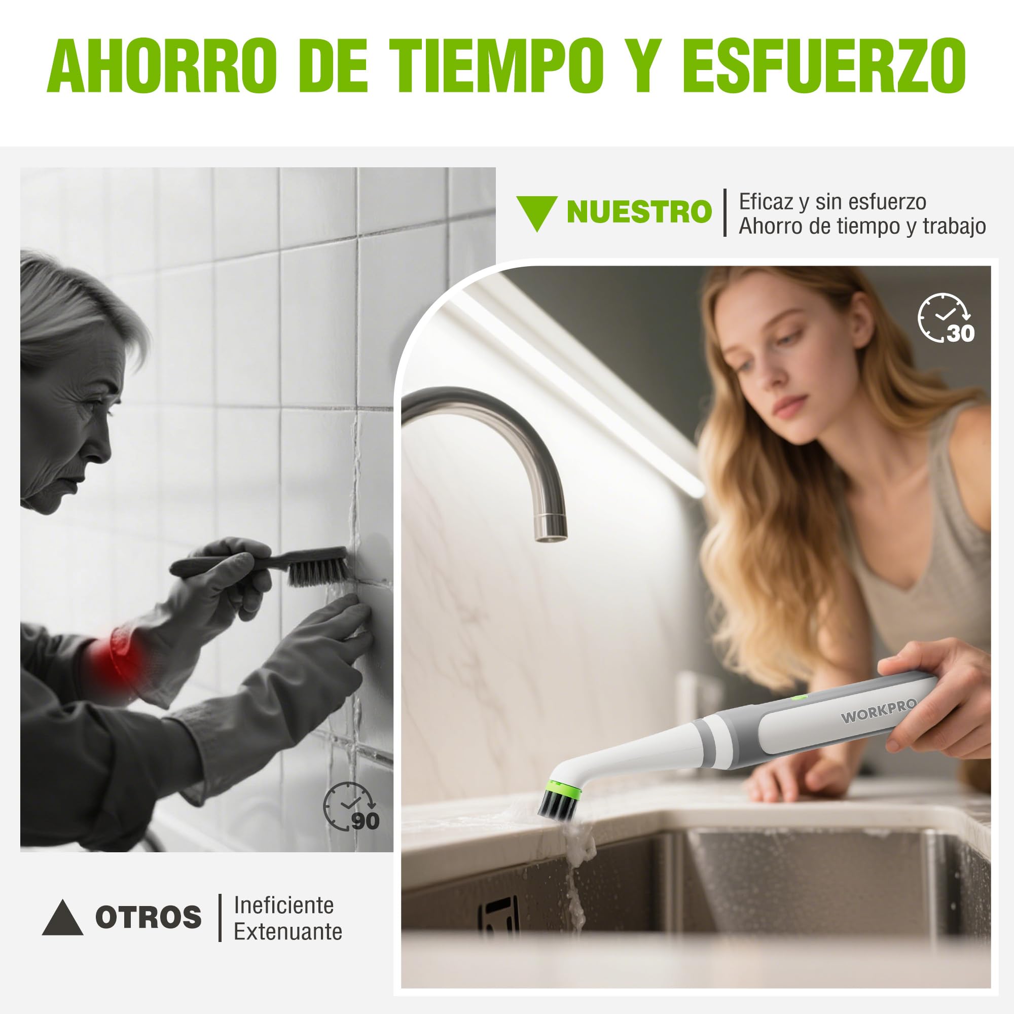 WORKPRO Cepillo Eléctrico De Limpieza 3.6V Recargable con Cabezal Intercambiable,Batería 2000mAh, IPX6 Resistente Al Agua, USB Tipo C, para Juntas, Ranuras, Zapatos Y Hogar