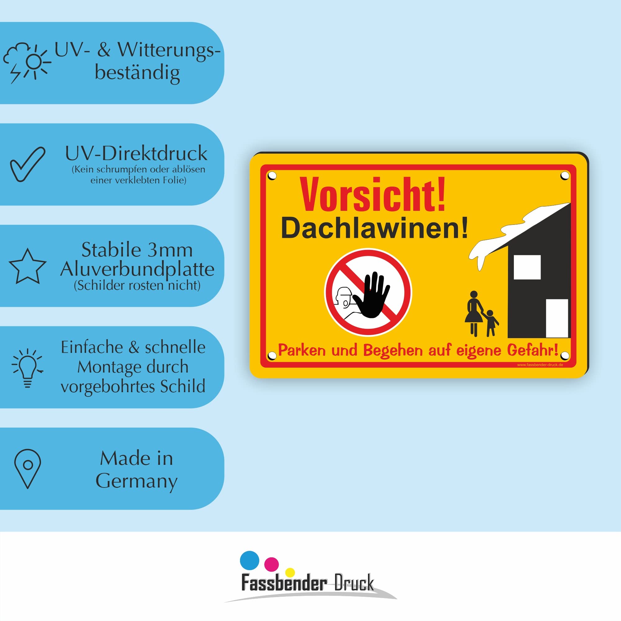 VORSICHT DACHLAWINEN Schild mit Bohrlöchern - vorgebohrtes Schild zum Markieren einer Gefahrenzone Privatweg/Begehen & Befahren auf eig. Gefahr (75x50cm Schild)