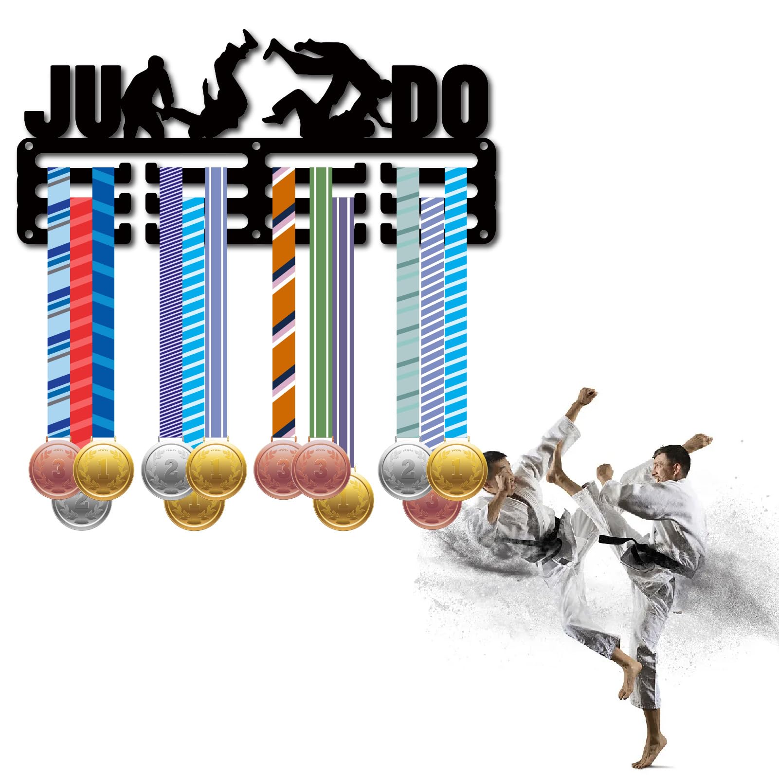 CREATCABIN Porta Medaglie Judo Espositore per Medaglie Organizer in Metallo Piccolo Ripiano Porta Medaglie Supporto Decorativo da Parete con 12 Gancio per Atleta Medagliato Nero 29x13cm