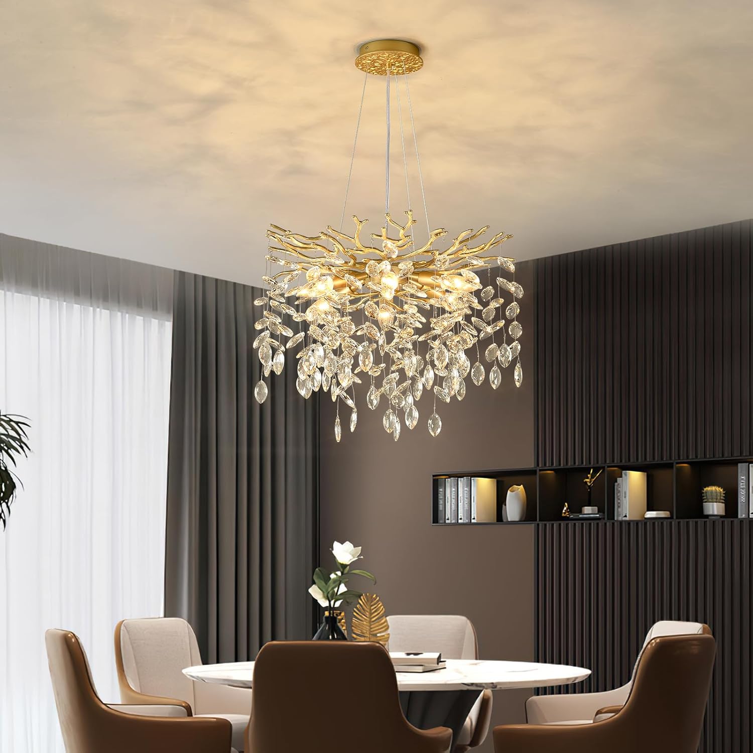 EGM Gold Tree Branch Crystal Chandelier 18-Inch, Crystal Chandelier for Dining Room 6-Light, Hanging Round Raindrop Chandeliers for Living Room E12