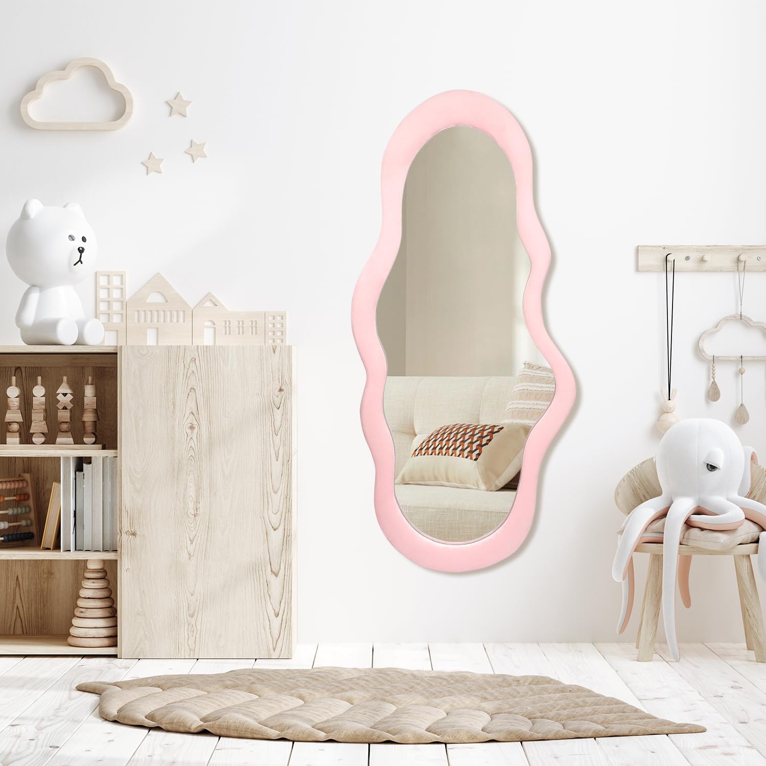 BST FURNH Pink Small Cloud Shape Unique 44X21 Inch Full Length Wall Mounted Mirror Full Body Floor Length Mirror Dressing Body Mirror for Bedroom Bathroom Living Room