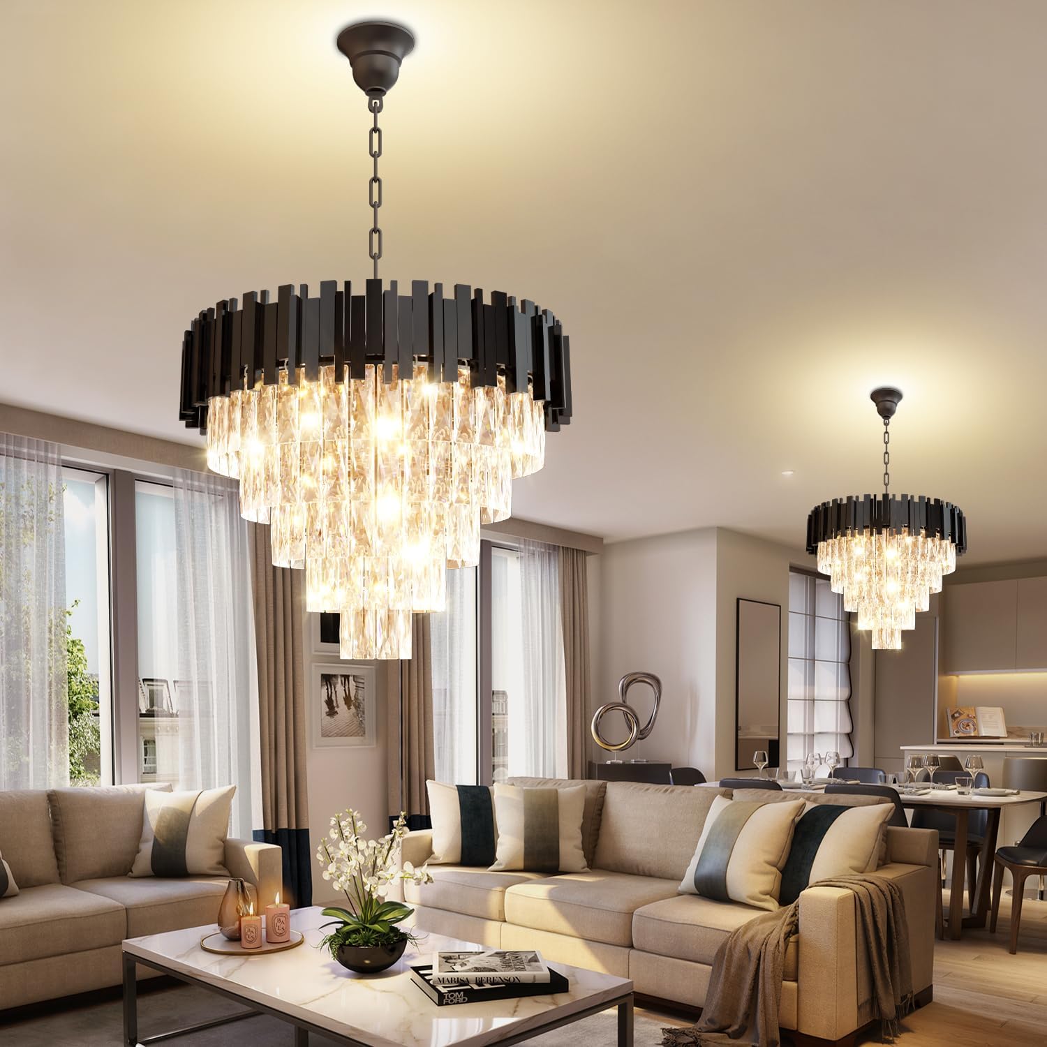 Modern Elegant Crystal Chandelier 24" Round K9 Crystal Ceiling Light Adjustable Black 5-Tier Chandelier with 10 Lights for Dining Room Living Room Foyer