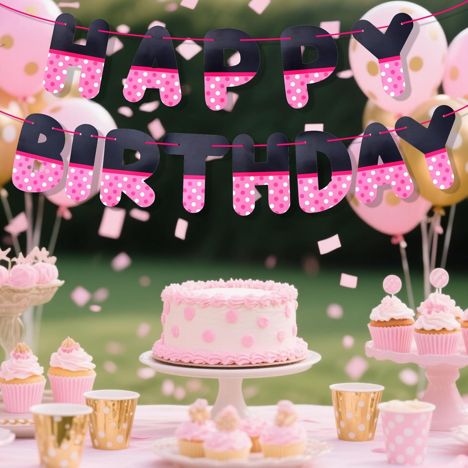 Pink Black Happy Birthday Banner, Cartoon Themed Birth Birthday Party Decorations Letter Hanging Backdrop Garland Photo Prop for Girl Kids Party Favors Supplies Wall Decor - Image 6