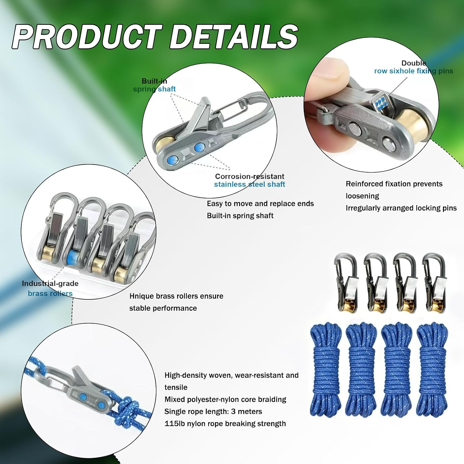 Rope Roller Tensioner Paracord Adjusters 4-Pack, Heavy-Duty Retractable Buckle Rope Tightening Tool, No-Knot Quick-Release Buckle, Camping Tent Hammock Tarp Outdoor Gear