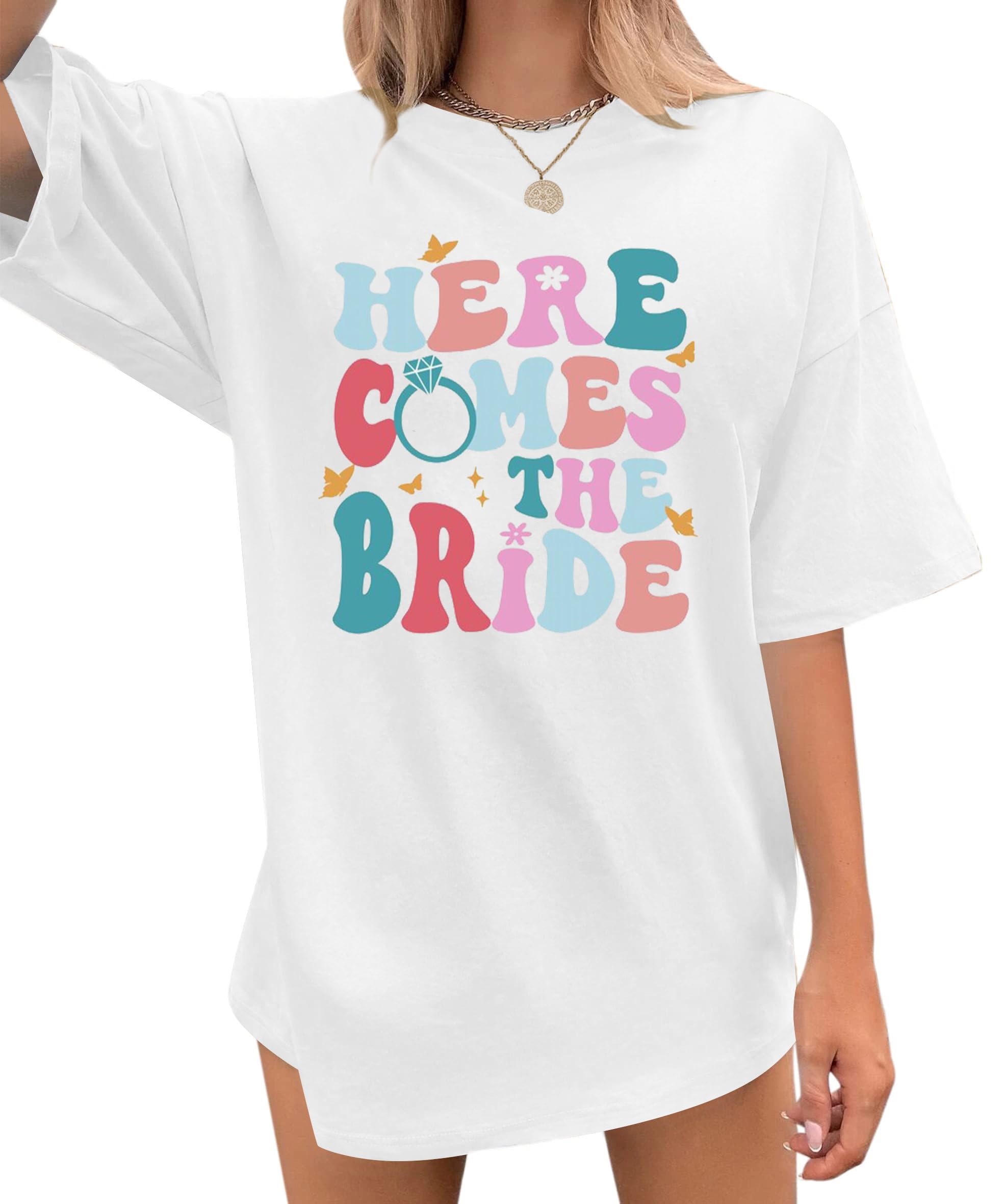 Camiseta de despedida de soltera para mujer, camiseta de novia con texto en inglés "Here Comes Girl", camiseta de fiesta, camisa de novia, camisa informal de manga corta de gran tamaño