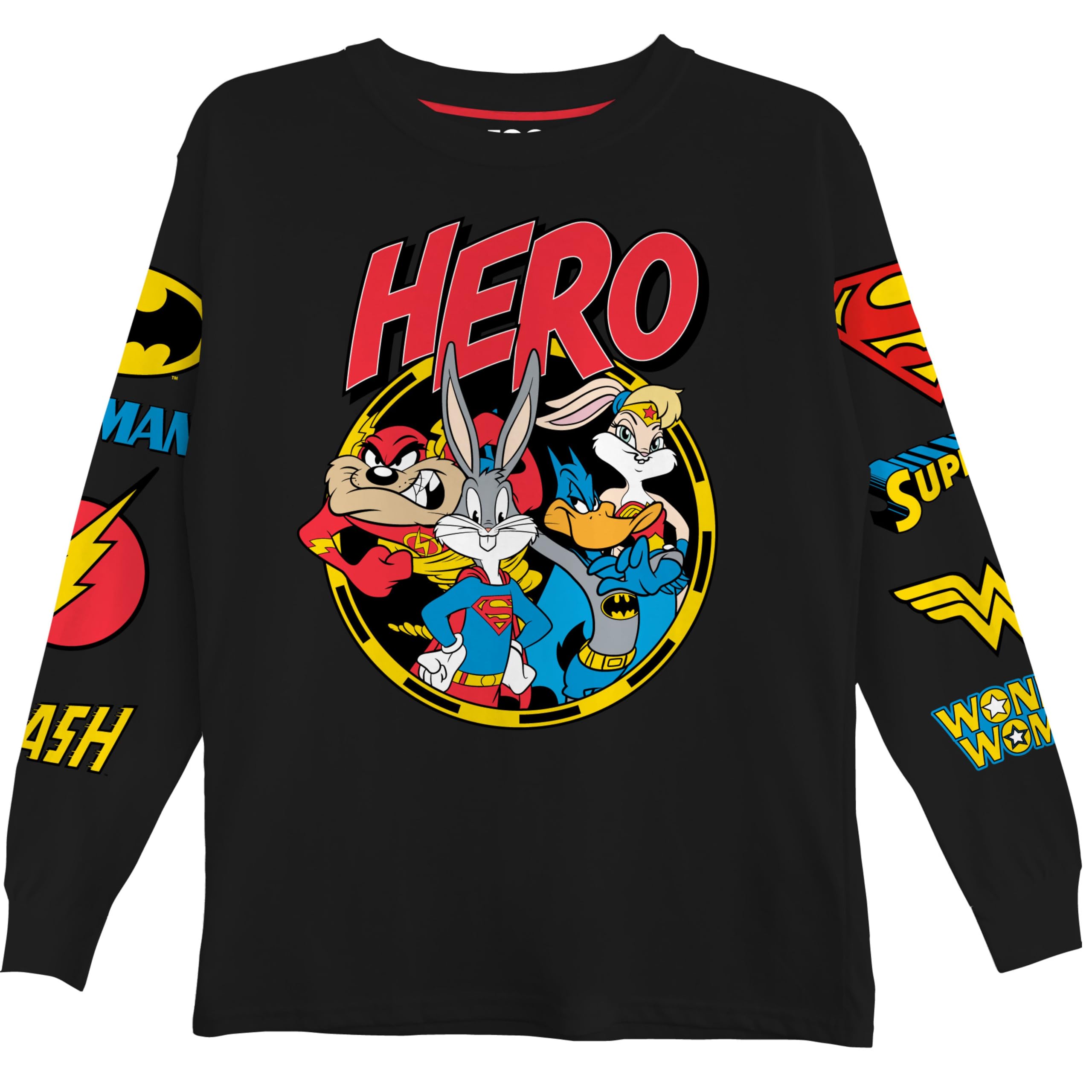 DC Comics Camiseta de manga larga para niños de Superman Super Hero Looney Tunes para niños pequeños y grandes, tallas 4-20