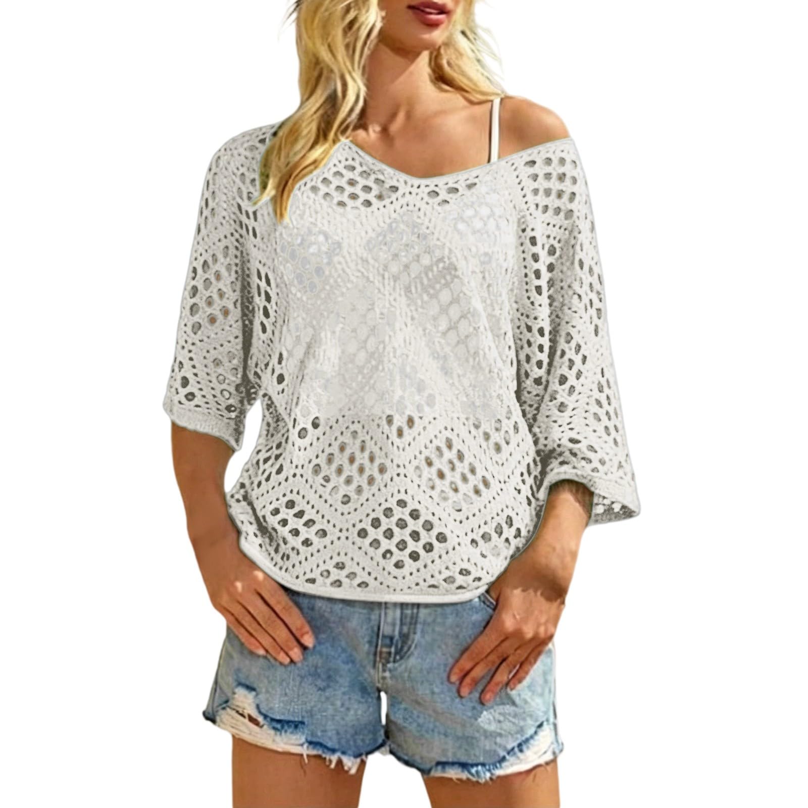 Maglia da donna con maniche a 3/4, scollo a V, stile bohémien, vestibilità larga, per estate, spiaggia, vacanze, uso quotidiano