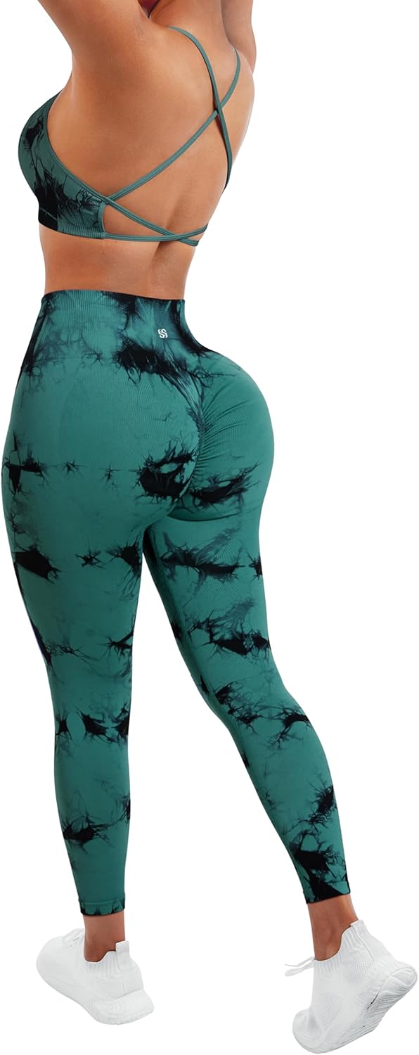 SUUKSESS Women Seamless 2 piece Workout Sets Strappy Padded Sports Bra Booty High Waisted Leggings Outfits (Deep Green Tie Dye,M)