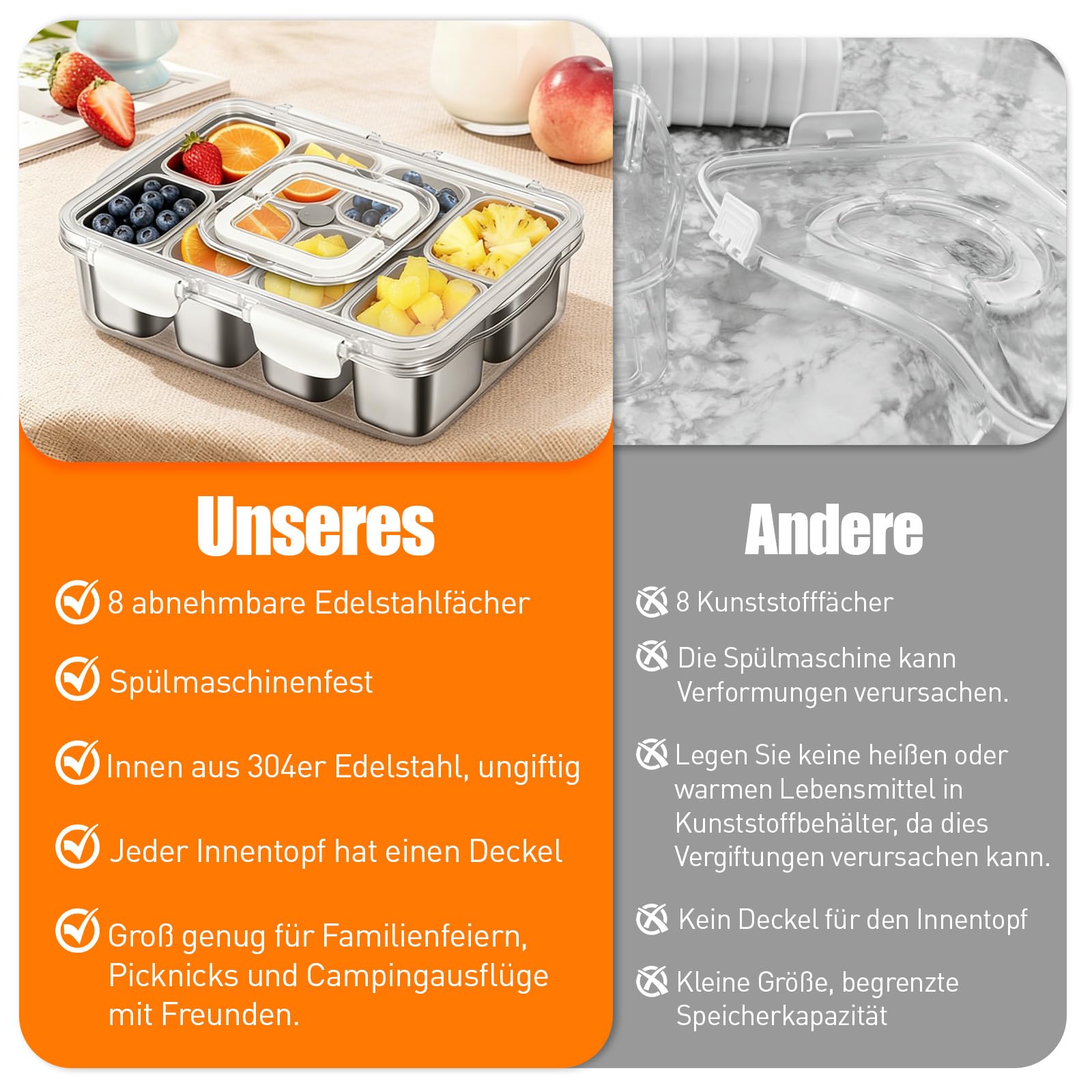 Snackbox mit 8 Edelstahl Fächern Tragbar Snack Aufbewahrungsbox mit Deckel und Griff, Auslaufsicherer Snackdose Organizer für Snacks Süßigkeiten Keksen Dessert GemüseNüsse Obst Gewürze