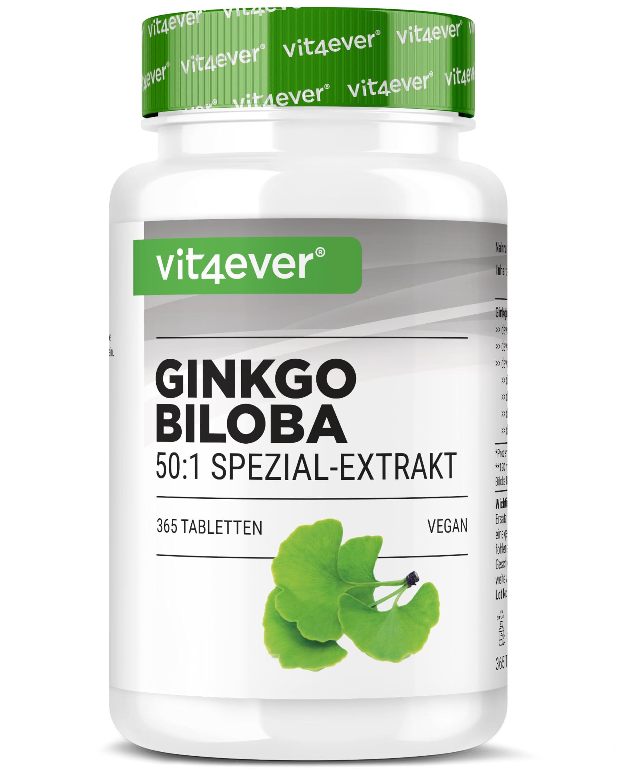 vit4ever Ginkgo Biloba 6000 mg - 365 Compresse – Estratto Premium: con Flavonglicosidi + Ginkgolidi-Lattoni Terpenici e privo di Acido Ginkgolico - Alto dosaggio – Vegano