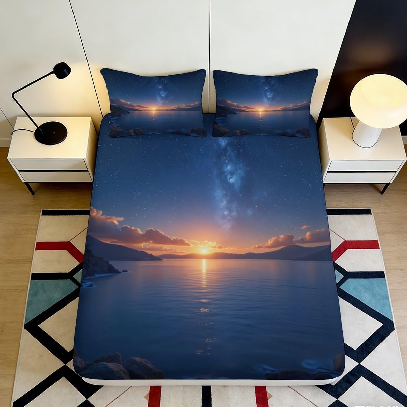 3D Printed Galaxy Starry Sky Fitted Sheet Microfiber Soft Sunset Landscape Mattress Cover for Bedroom Guest Room Dorm Decor 160x200x25cm