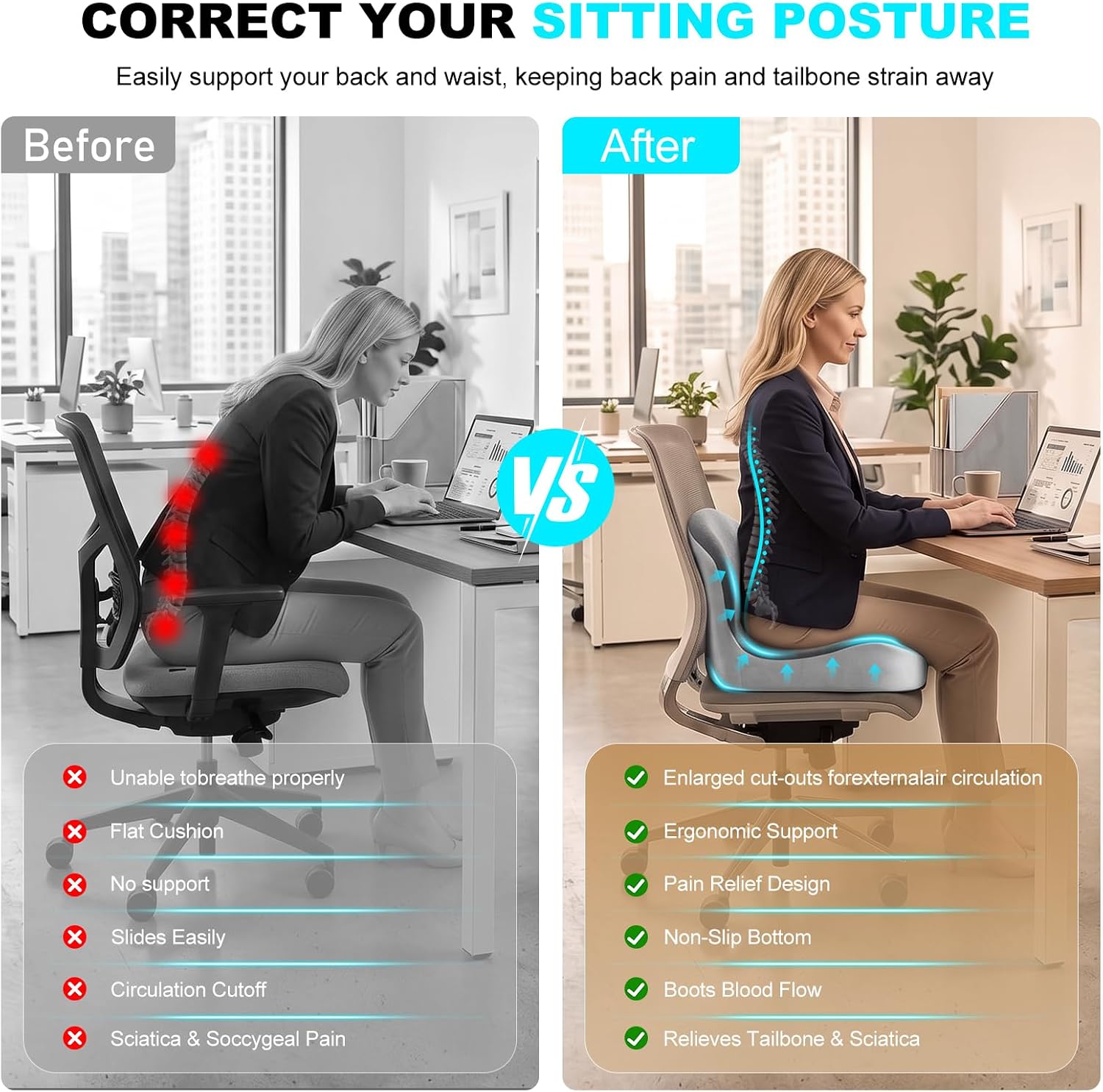 Car Seat Cushion with Lumbar Support, Office Chair Ergonomic Seat Cushion