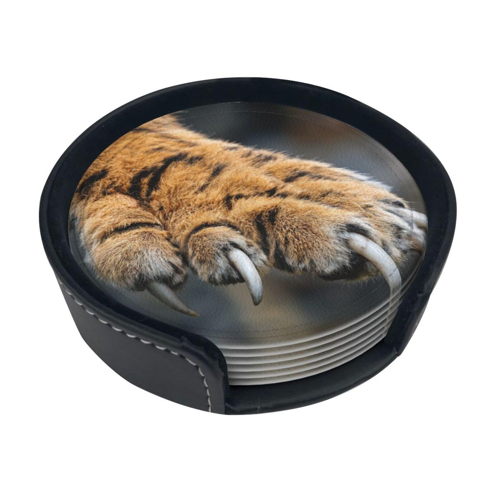 Tiger Claw Tear Leather Coasters-Set of 6 with Storage Holder