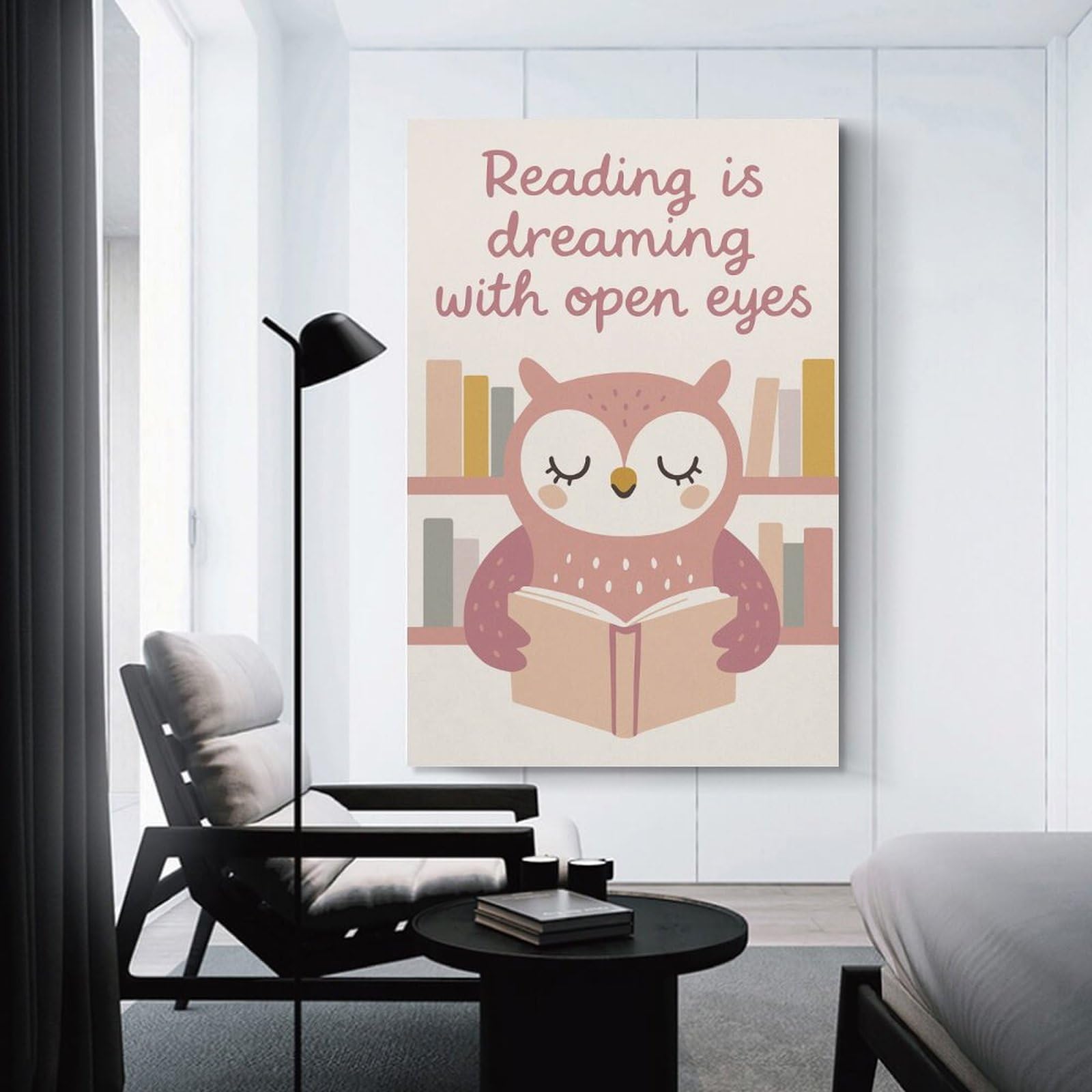 Junmoney Hanging Wall Art Reading Owl Illustration, 24x36inch(60x90cm), for Contemporary Homes, Apartments Or Offices, Stylish Wall Art for Fresh Spaces