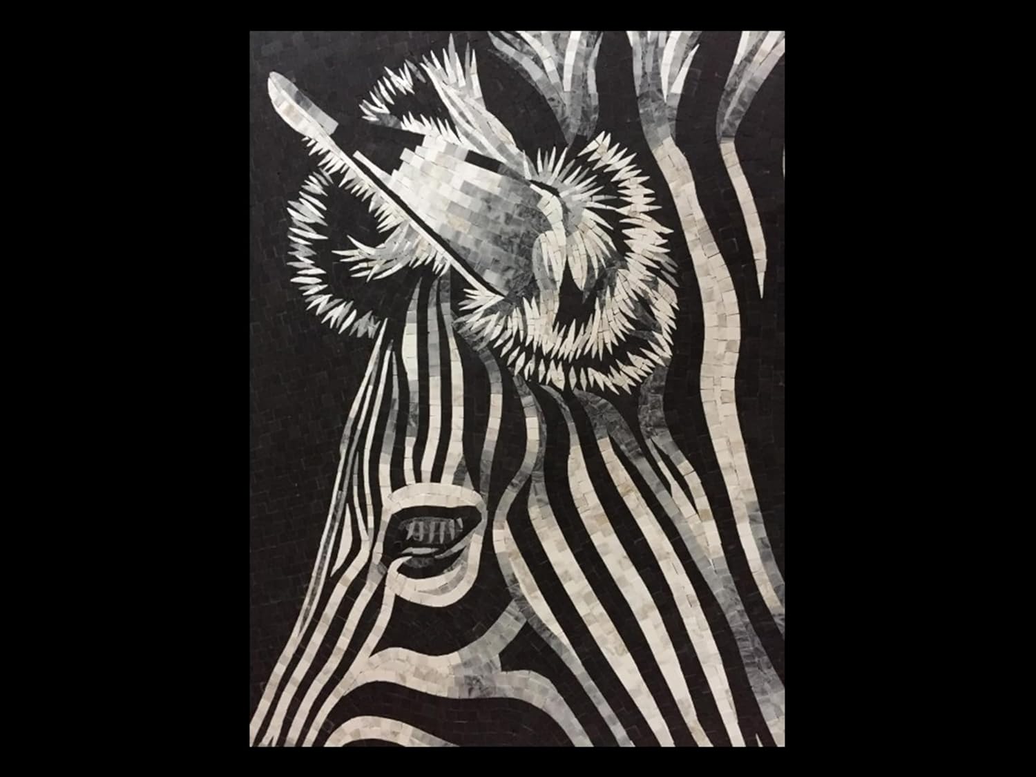 Handmade Black and White Zebra Marble Mosaic Wall Art, Animal Tile Mosaic Artwork, Hand-Cut Contemporary Safari Wall Décor