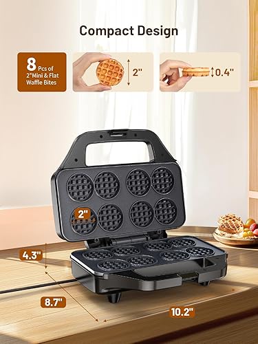 Miniatura 4 de Mini máquina para hacer gofres, 8 pequeños bocadillos de gofres, plancha antiadherente para gofres con calentamiento rápido, fácil desayunador para