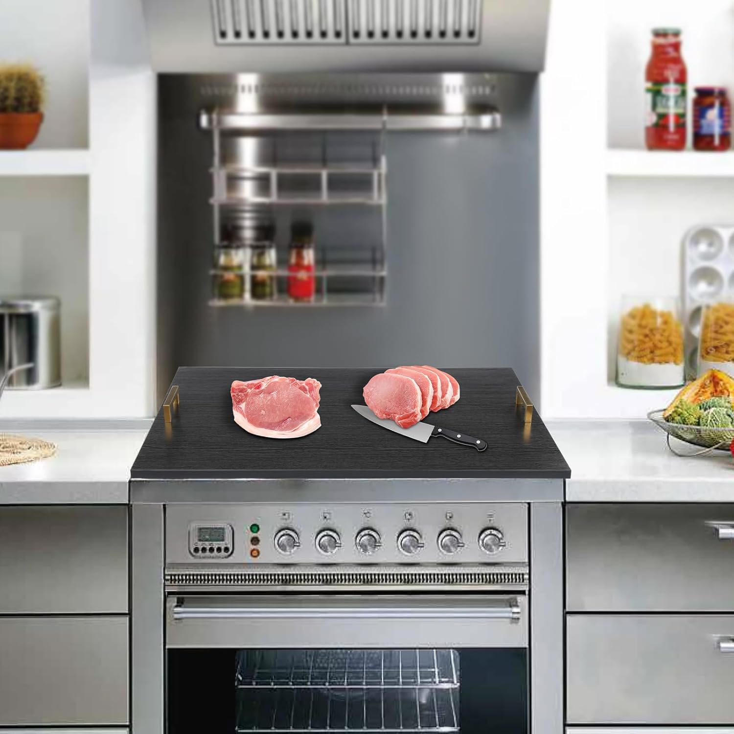 Noodle Board Stove Cover, Acacia Wood Stove Top Covers Board with Gold Handles, Stove Top Covers for Gas Burners, Extra Thick Wood Stove Top Cover Board for Kitchen Counter Space, Black