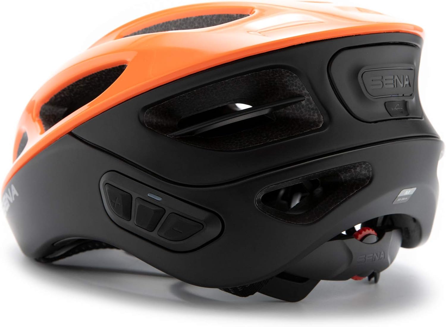 Zadní view of Sena R1 helmet showing the USB charging port and control buttons.