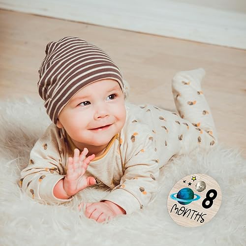 Miniatura 7 de Círculos mensuales de hitos para bebés, discos de madera de astronauta para fotos de bebé tomadas con letreros de Hello World, 7 carteles redondos