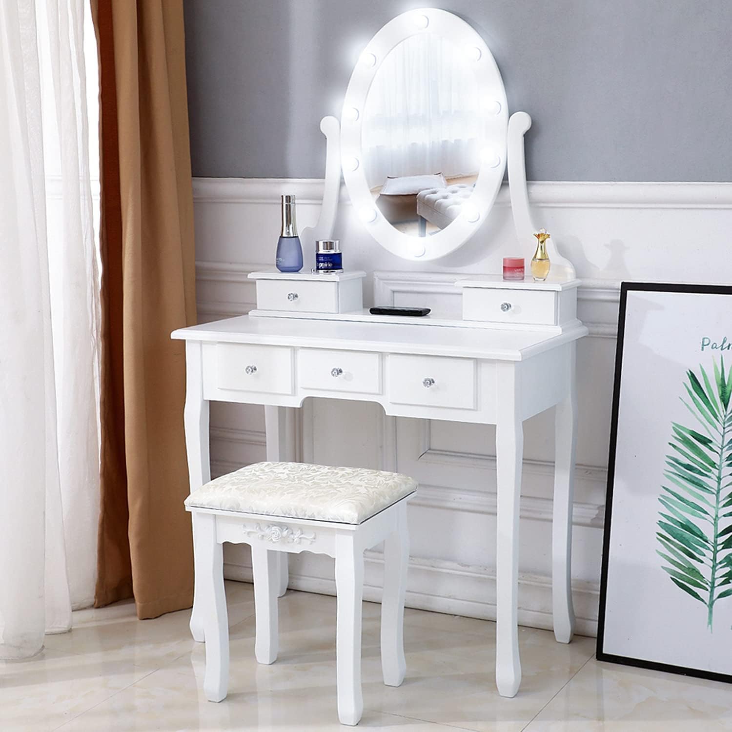 LOPOO Makeup Vanity Desk and Stool Set with Vanity Mirror