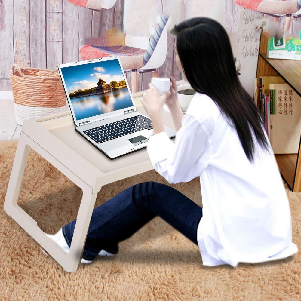 Foldable Bed Table, Portable Desktop Laptop Holder Serving Tray for Breakfast, Office, Dorm, Camping, Picnic and Home Use (Beige)
