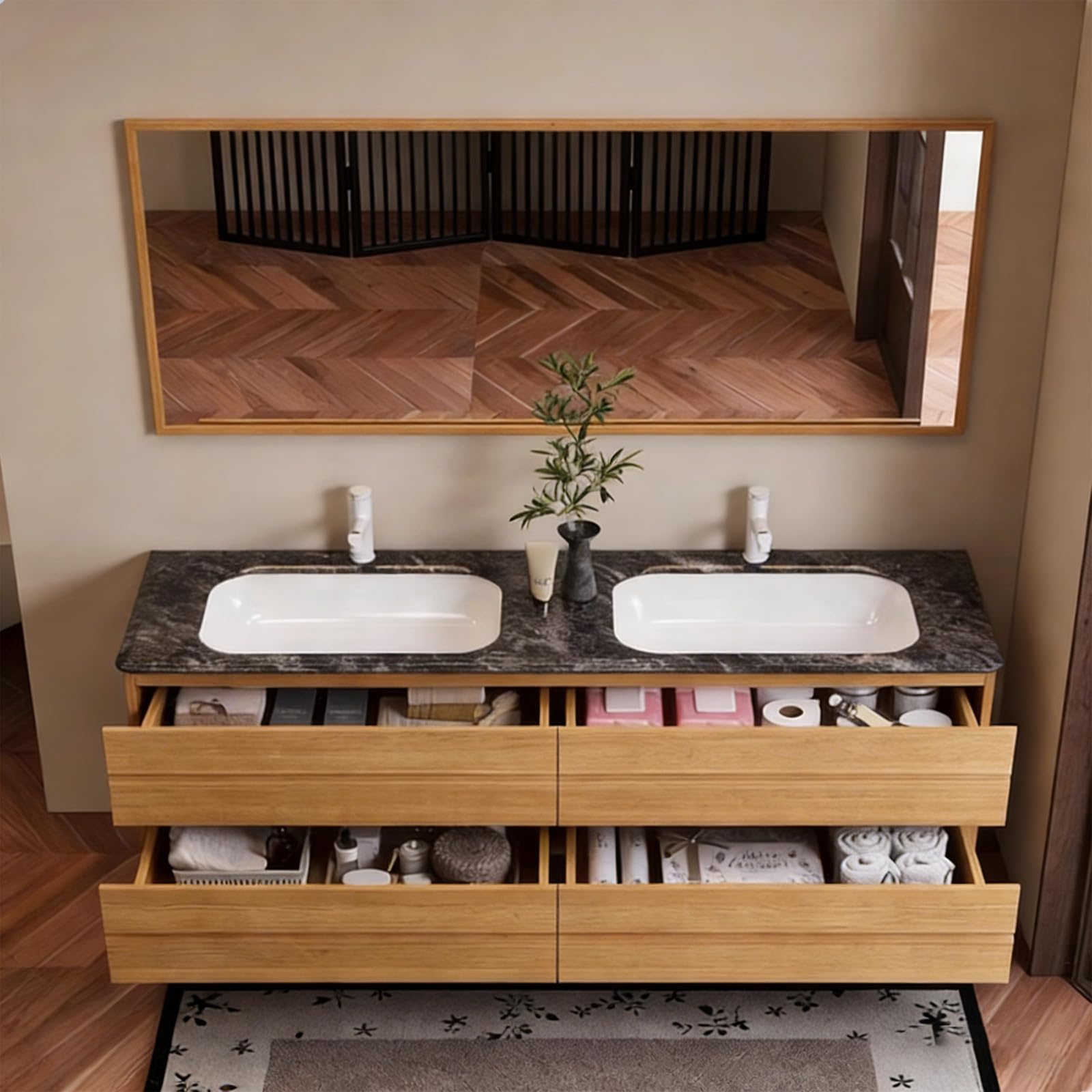 52 Inch Double Sink Bathroom Vanity - Floating Bathroom Vanity with Smart Defog Mirror and 4 Drawers Storage — view 5