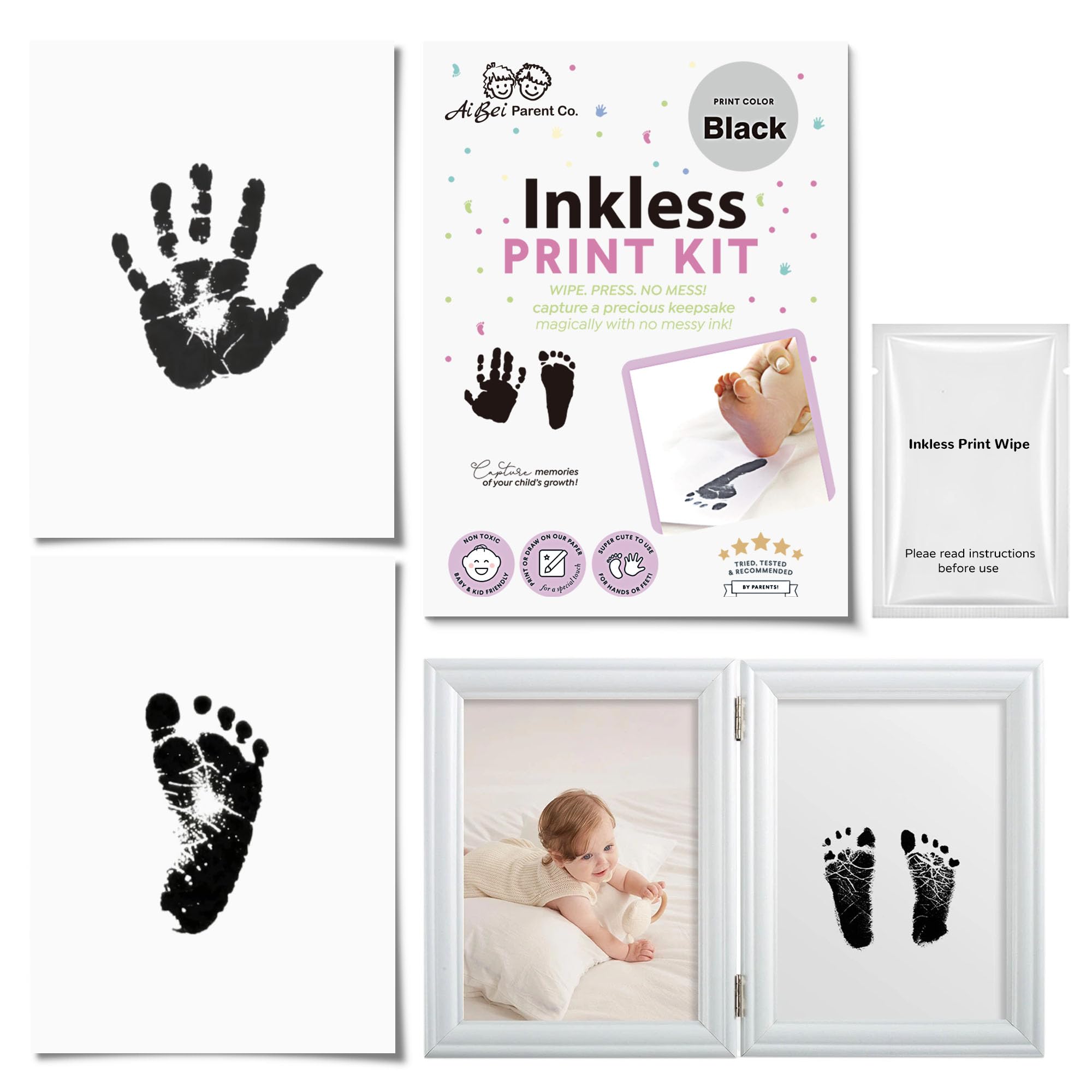 Kit Empreinte Bébé 2pces Pieds et Mains Clean Touch Cadre Photo Souvenirs Noir