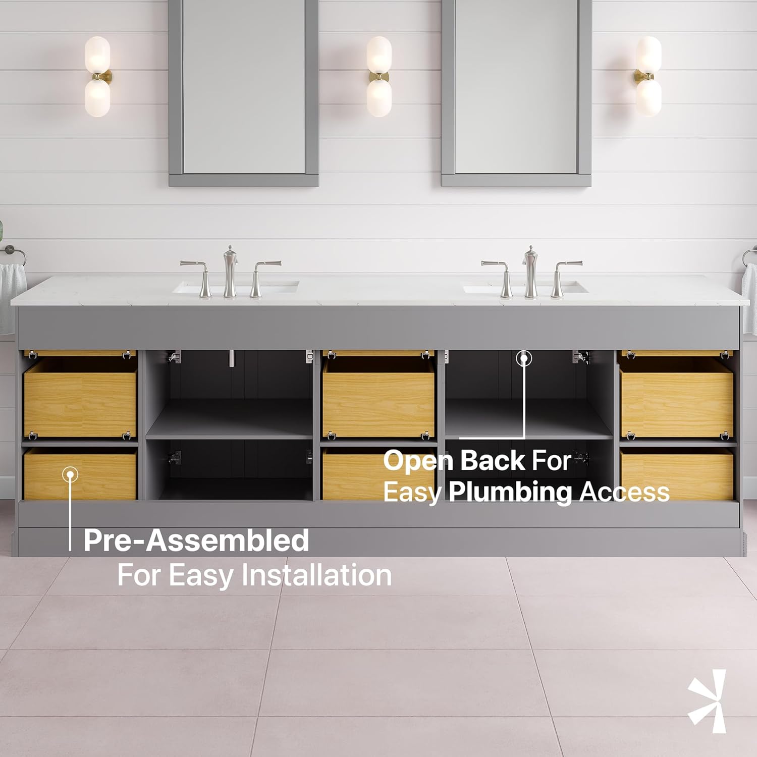 Eviva Epic 96 in. Gray Double Sink Bath Vanity with Carrara Quartz Top and Undermount Porcelain Sinks