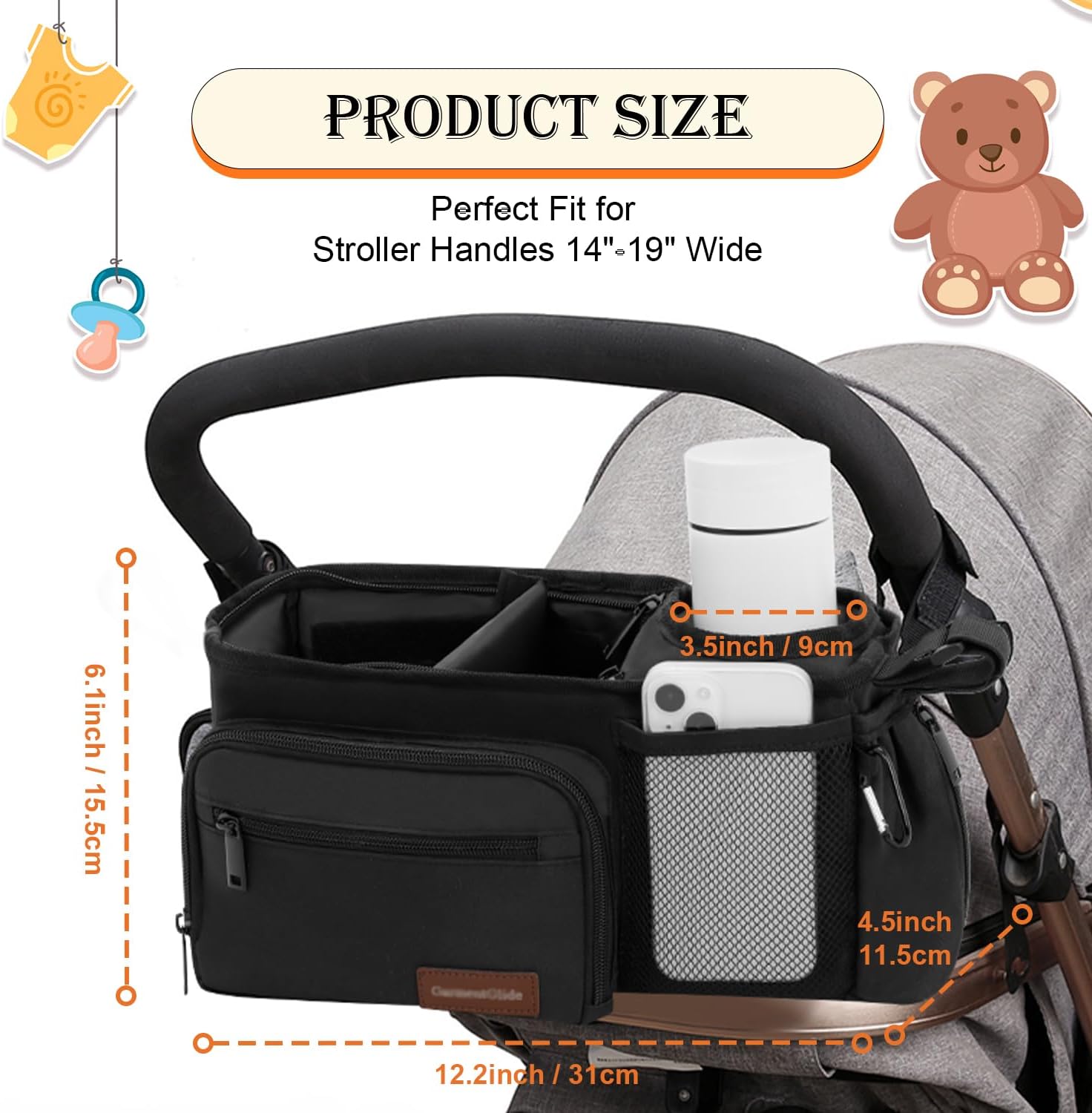 Stroller Organizer Bag with Insulated Cup Holder & Adjustable Dividers, Non-Slip Stroller Caddy with Multiple Pockets, Fits 14"-19" Handles, Water-Resistant, Black
