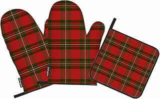 Red Green Plaid Oven Mitts and Pot Holders Sets Scottish Checkered Classic Heat Resistant 3pcs for Cooking Baking BBQ
