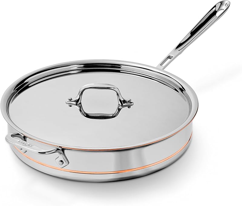 Copper Core 5-Ply Stainless Steel Sauté Pan with Steel Lid 5 Quart Induction Oven Broiler Safe 600F Pots and Pans, Cookware Silver | Unmatched heat control and precision, Elegant Design, Large Sauté Pan, Induction Compatible, Oven Safe up to 600F