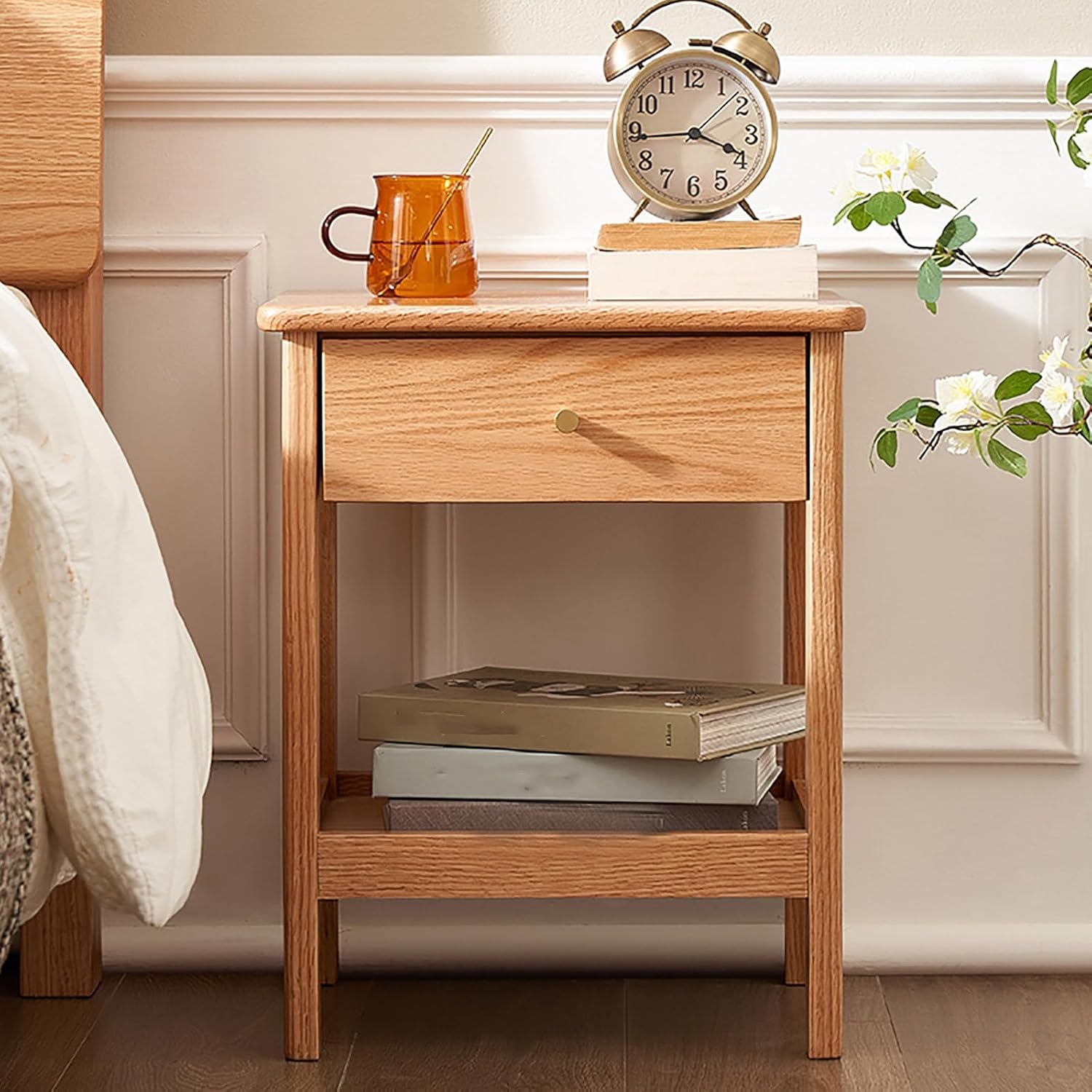 Living Room Side Table Night Stand Industrial, Bedside Table Bedroom with Storage, Wood Nightstand for Small Spaces Office Home Kids’Room(Wood Color)