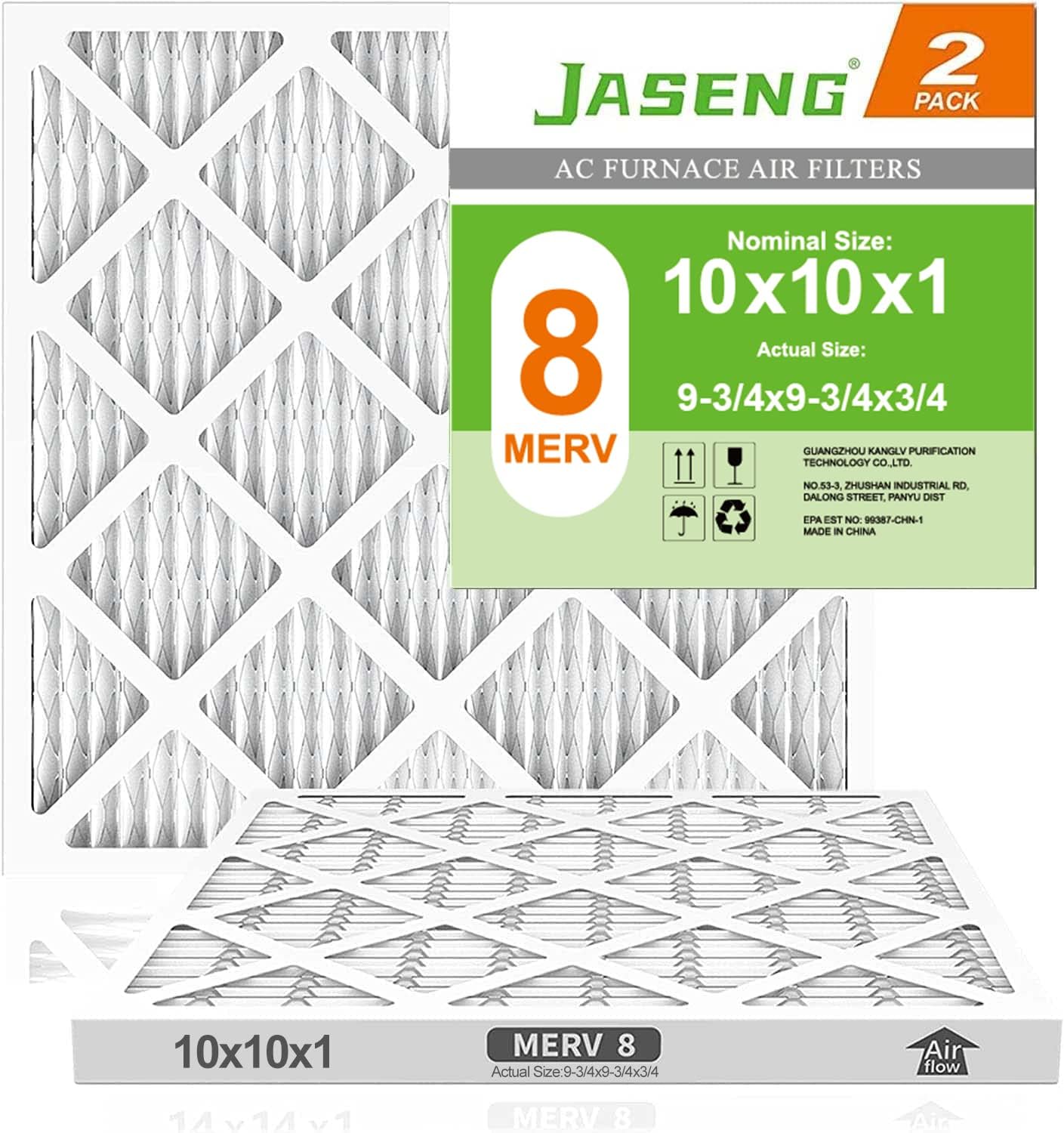 10x10x1 Furnace Air Filters 2 Pack, MERV 8 MPR 600 & FPR 5 Filtering, HVAC Air Filter Replacement (exact dimensions: 9 3/4"x9 3/4"x3/4")