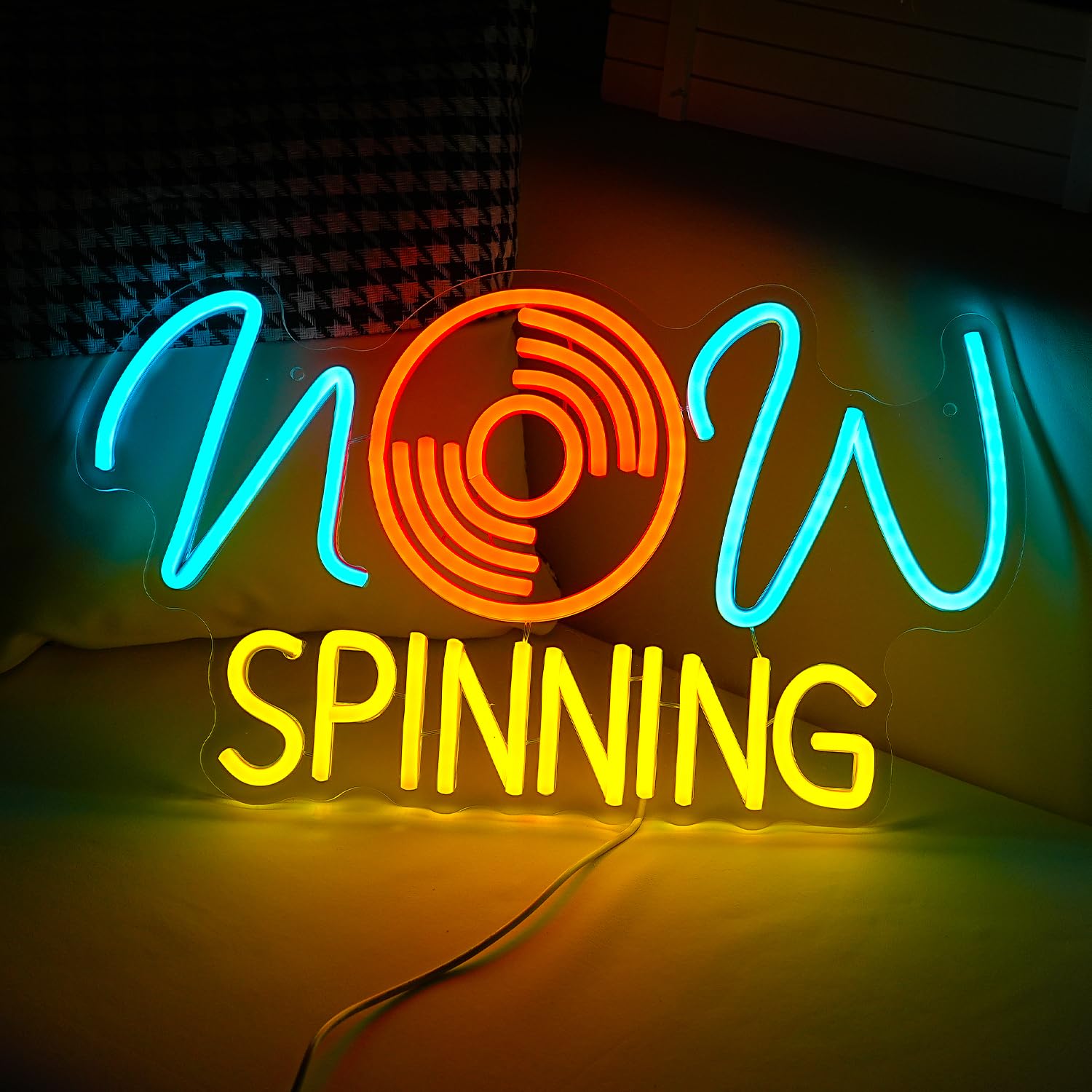 Record Insegna al neon 41 x 40 cm, con musica che gira ora, per decorazione da parete, dimmerabile, luce al neon a LED per bar, sala musicale, studio, camera da letto, decorazione (USB, blu ghiaccio,