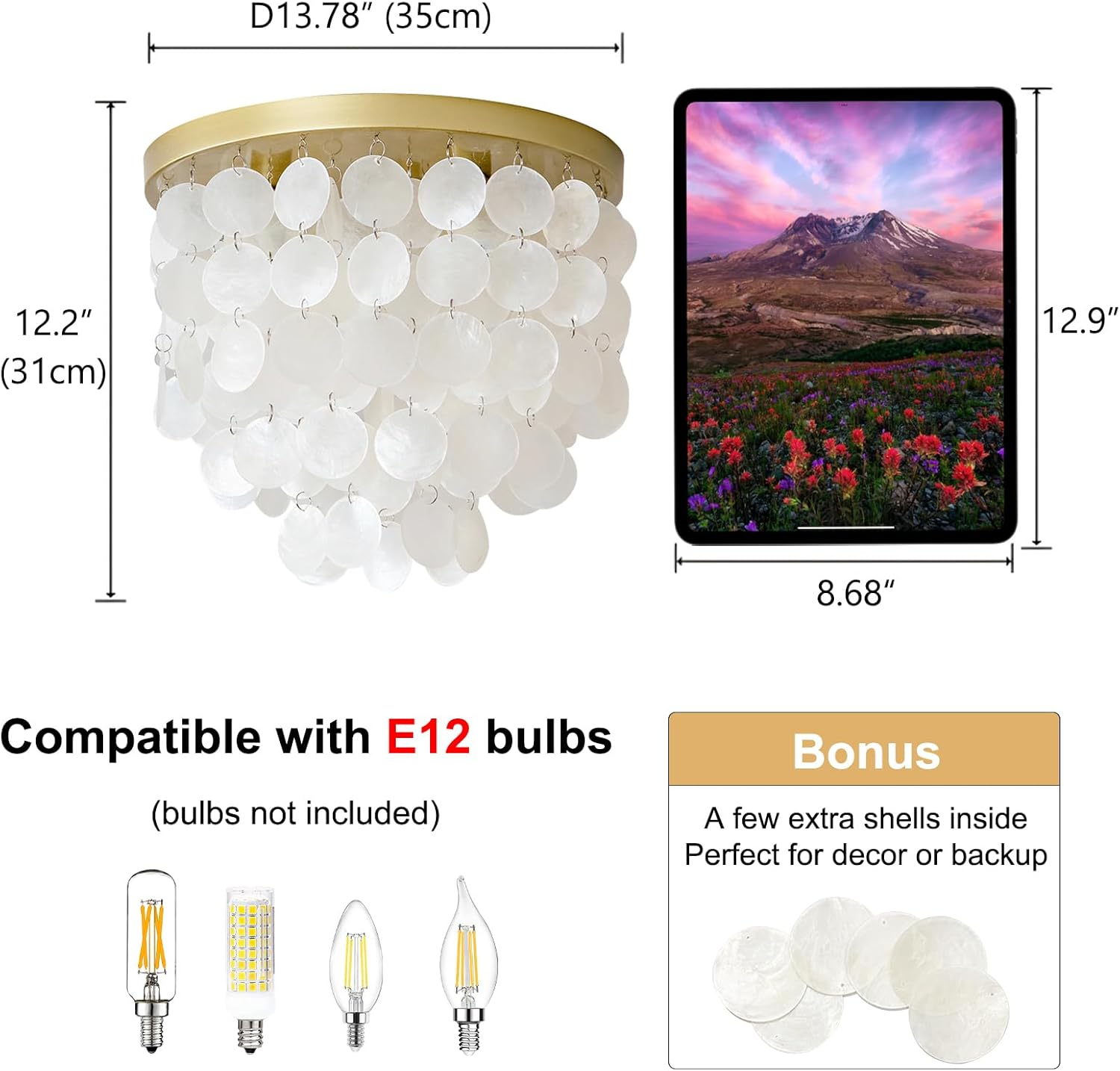 Capiz Shell Ceiling Light, 3-Light Boho Flush Mount Light Fixtures, Coastal Shell Modern Mini Ceiling Light for Bedroom Hallway Bathroom Entryway Kitchen Island (Gold & White)