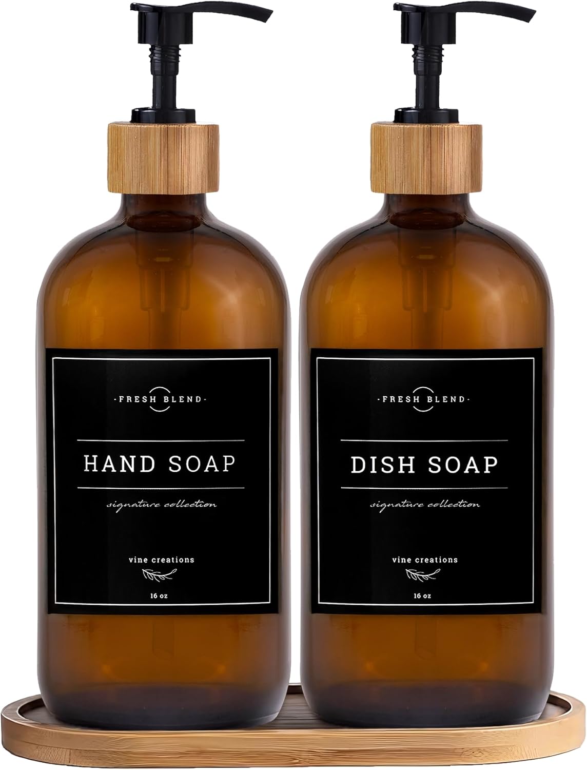 Vine Creations Amber Glass Soap Dispenser Set - Kitchen Soap Dispenser Set with Tray - Bamboo Dish Soap and Hand Soap Dispensers Set for Bathroom - Modern Kitchen Decor with Waterproof Labels - Image 5