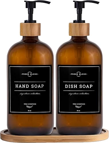 Miniatura 5 de Vine Creations Juego de dispensador de jabón de vidrio ámbar  Dispensador de jabón de cocina con bandeja  Juego de dispensadores de jabón de bambú y
