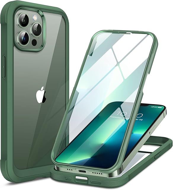 Miracase Compatible with iPhone 13 Pro Case 6.1-inch, [Built-in Glass Screen Protector] Full Body Rubber Bumper Clear Back Case Cover (Alpine Green)