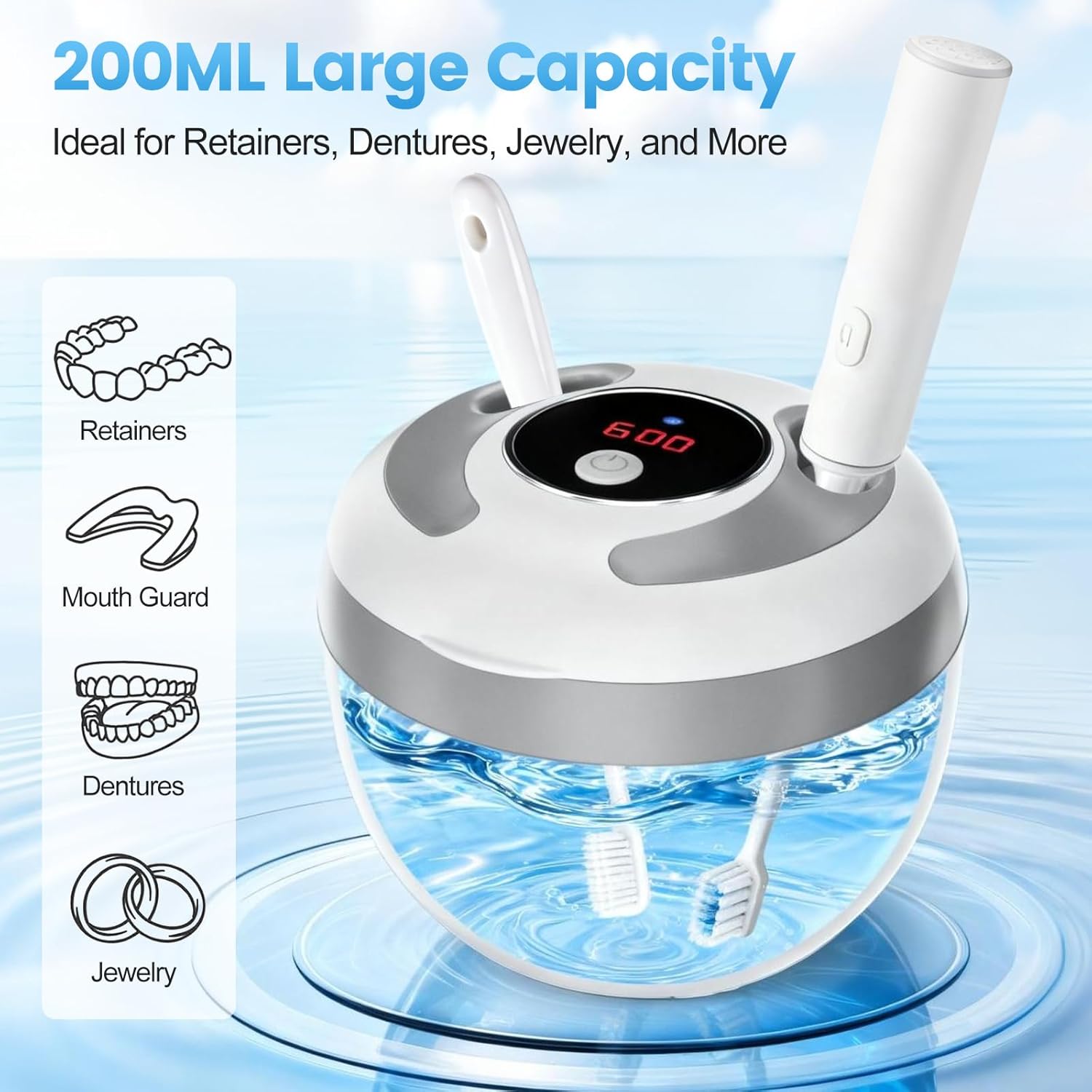 Upgraded Ultrasonic Retainer Cleaner Machine, 45kHz Ultrasonic Dentures Cleaner for Night Guards, Braces, Aligner, Toothbrush, Jewelry and More, 200ML Capacity, White (White)